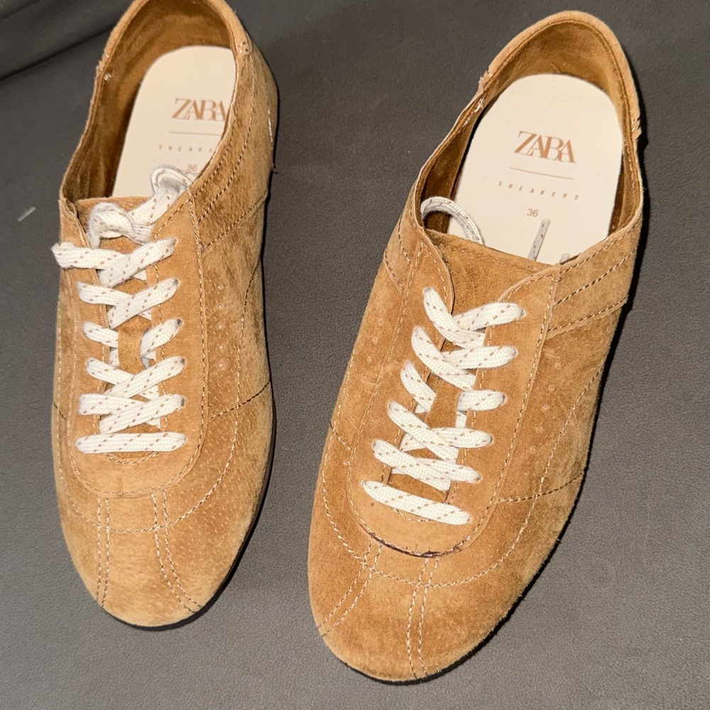 ZARA Suede Lace-Up Sneakers in Light Brown with White Laces